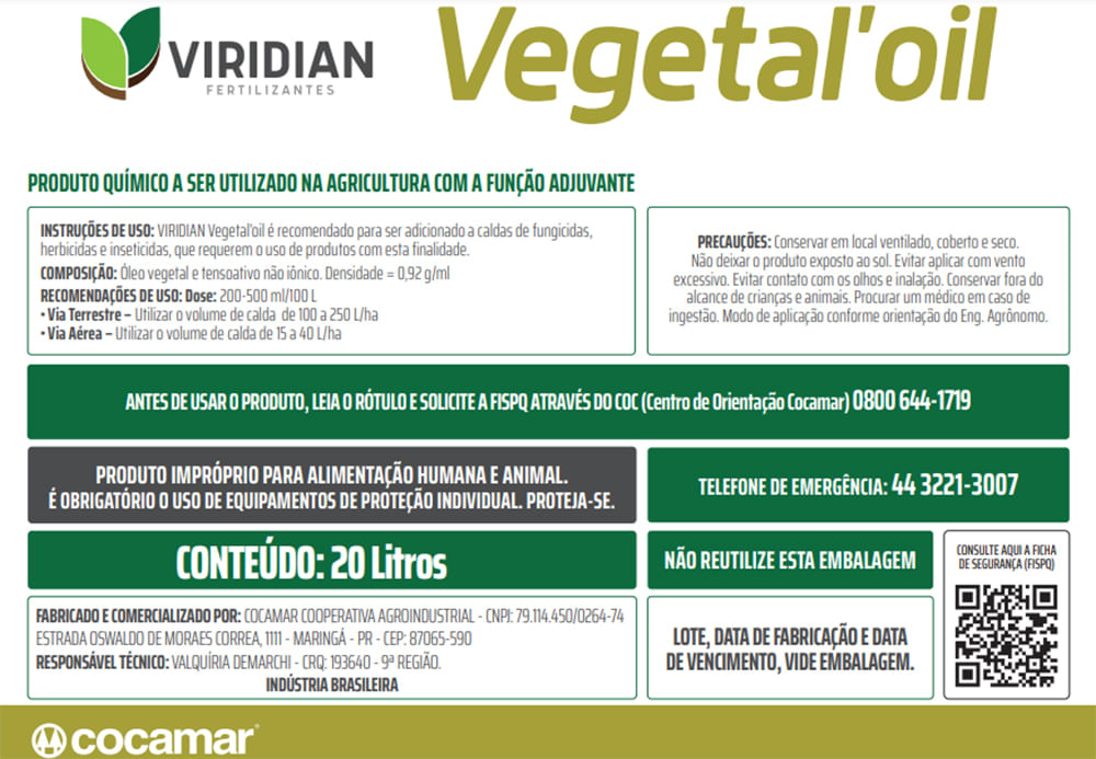 Viridian Vegetal Oil 20 Litros