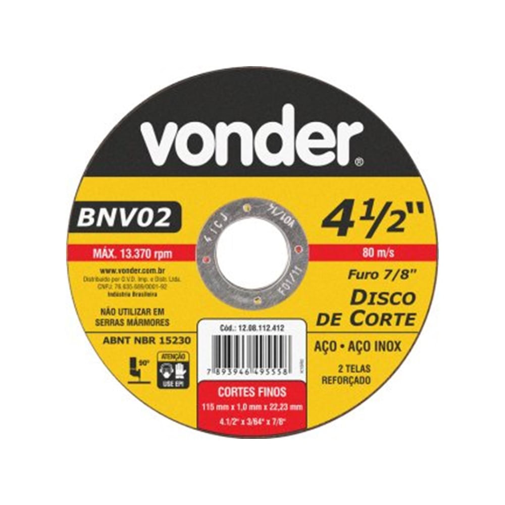 Disco de Corte Vonder 115 mm x 1,0 mm x 22,23 mm