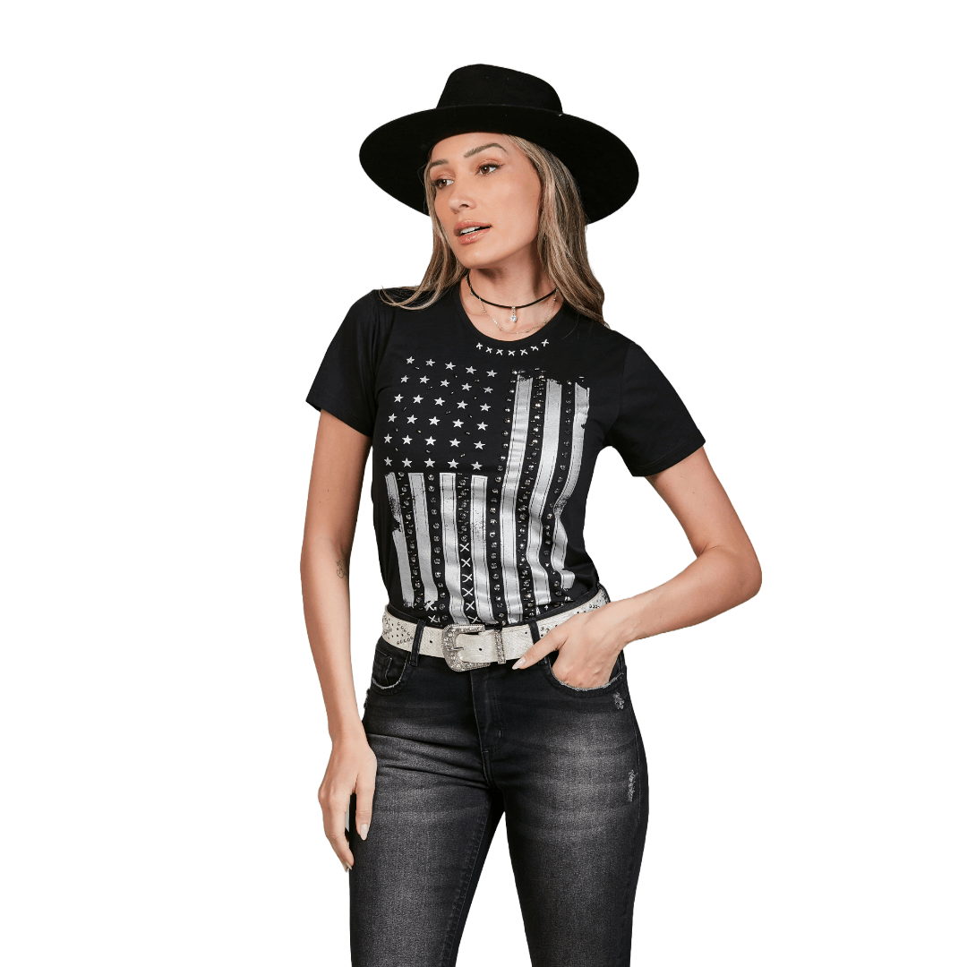 T-Shirt Feminina Estampada e Bordada PP