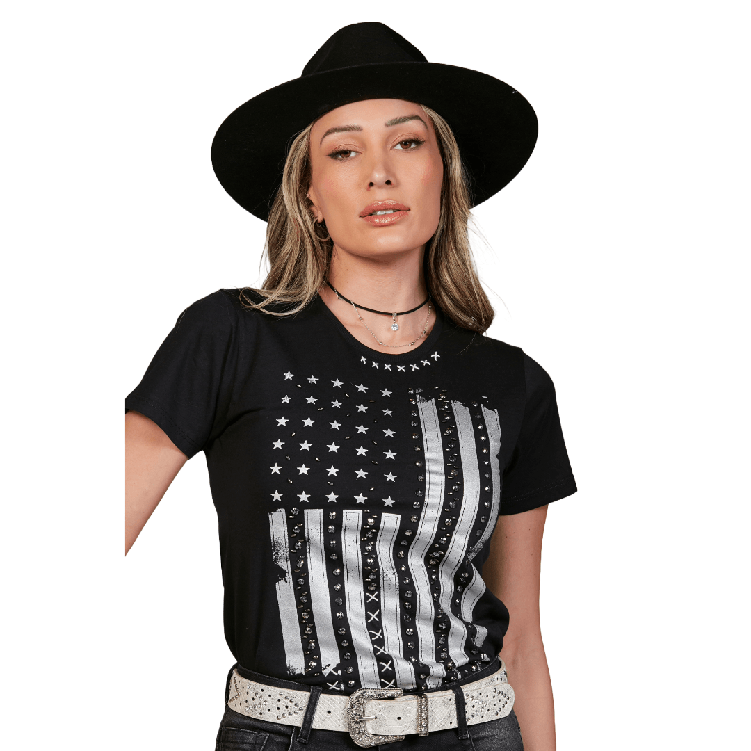 T-Shirt Feminina Estampada e Bordada PP