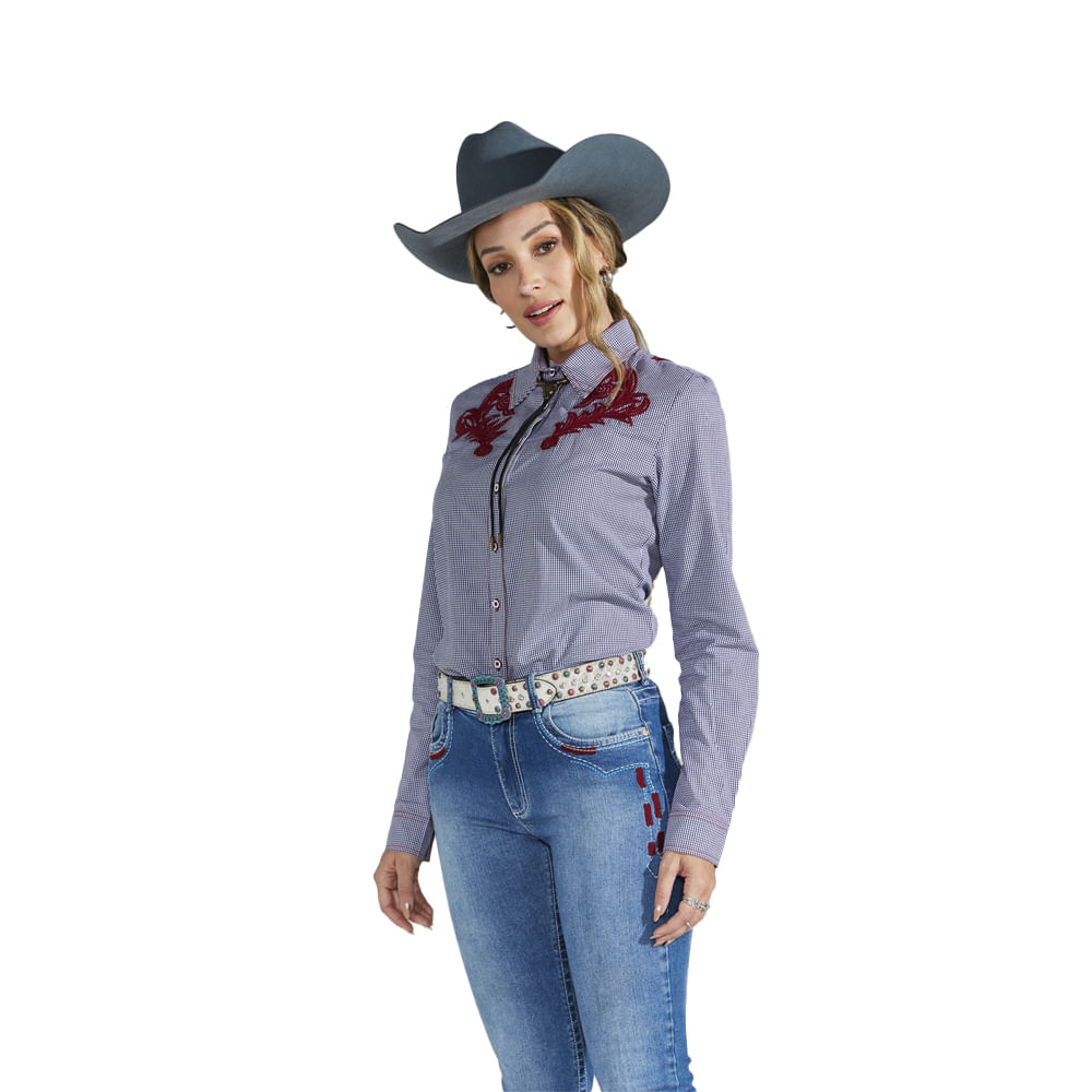 Camisa Feminina Manga Longa Vichy Bordada PP